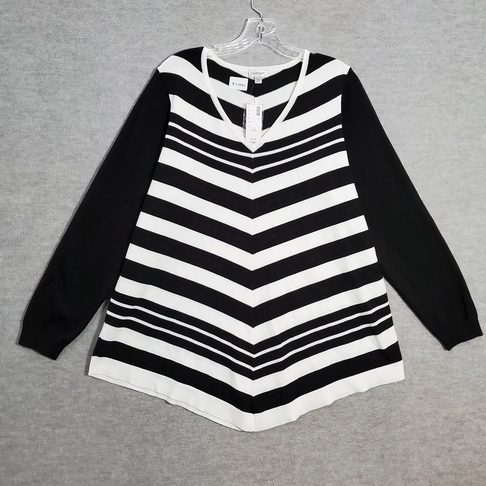 Avenue Women Sweater 14 16 Black White Striped V Neck Long Sleeve Polyester NWT